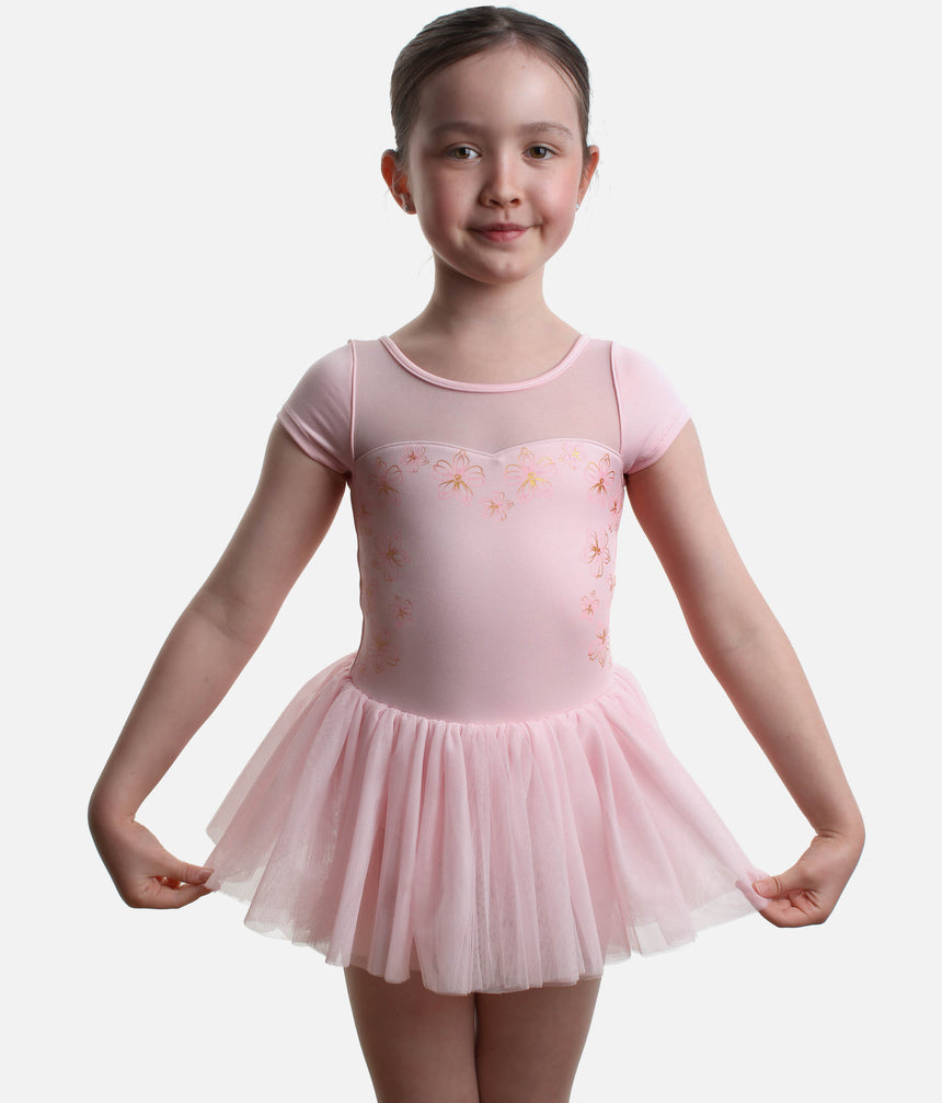 Girls Sharon Cap Sleeve Tutu Dress, Mesh Panel & Floral Print - CL20007