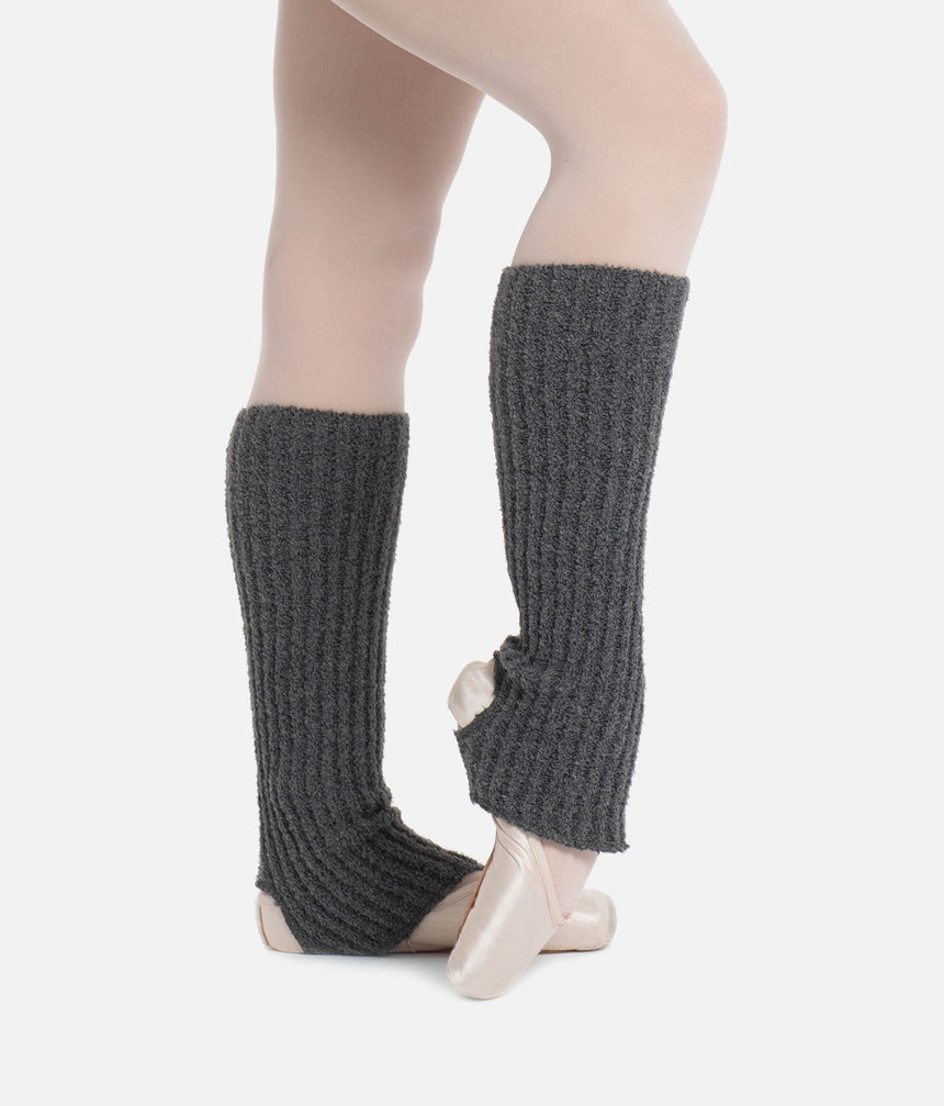 Intermezzo Prebagui 2015 Mixed Grey stirrup legwarmers, showing fluffy ribbed knit and instep coverage over pink ballet shoes.