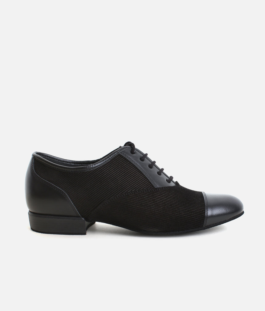 Premium Men’s Dance Shoes 077 - Black Leather & Suede with Pinstripe Design