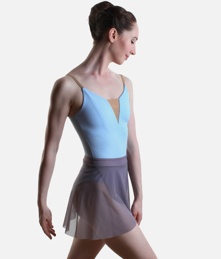 A female dancer in profile wearing a light blue leotard with a sheer mauve-gray mesh skirt, set against a plain light gray studio background.