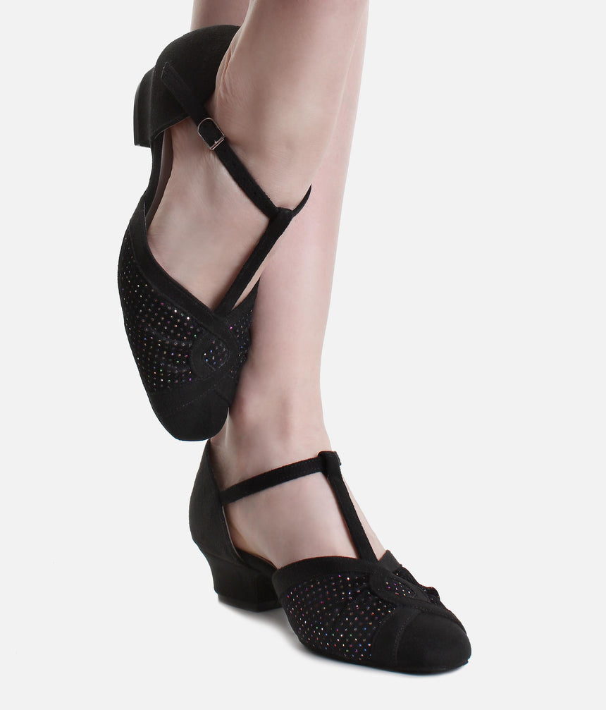 Low Heel Ballroom Dance Shoes, Sparkle Suedette Closed-Toe - EMERALD