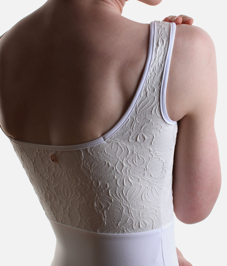 Premium Ballet Leotard with Textured Floral Brocade Detail - FLORA PEARL WHITE