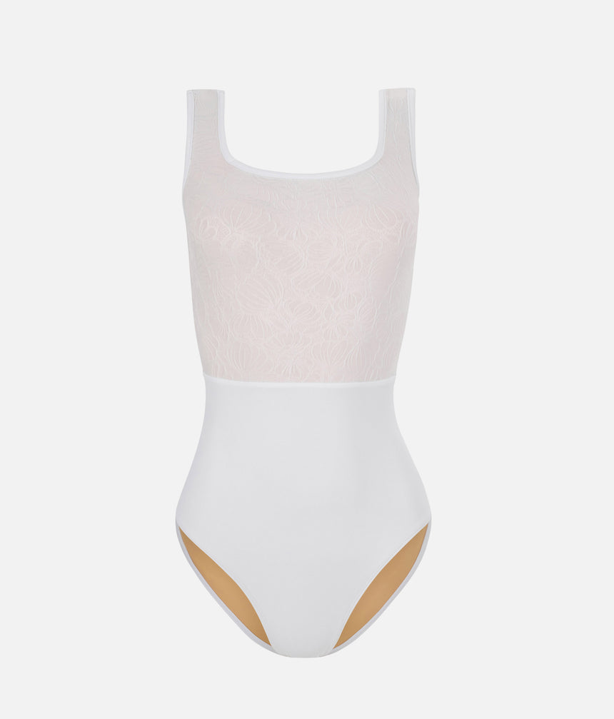 Premium Ballet Leotard with Textured Floral Brocade Detail - FLORA PEARL WHITE