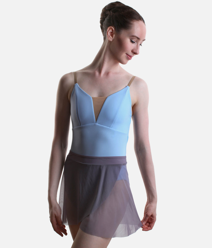 A female dancer wearing a light blue leotard with a deep V-neckline and a sheer gray tulle skirt, posed against a solid light gray background.