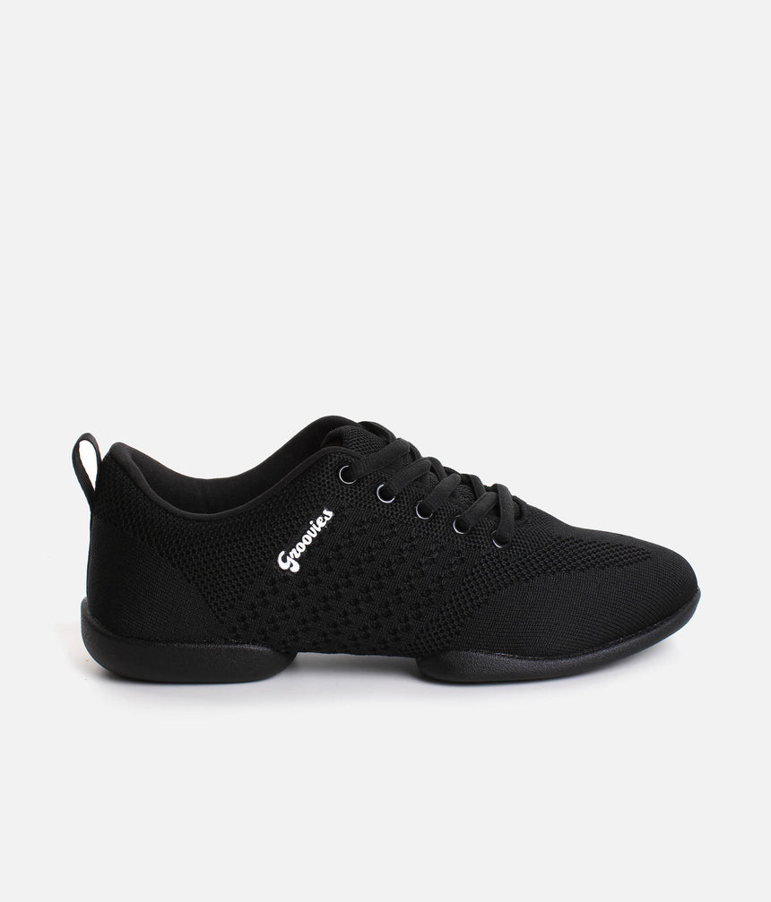 Vegan Performance Dance Sneaker with Spinning Points, Black Knit - GROOVIES TRAINER