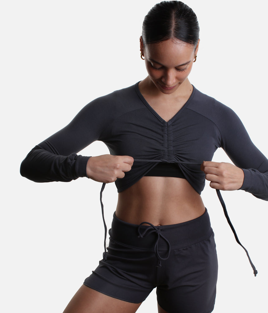 ICHIKA Bamboo Ballet Top – Adjustable Ruched Long Sleeve Warm-Up