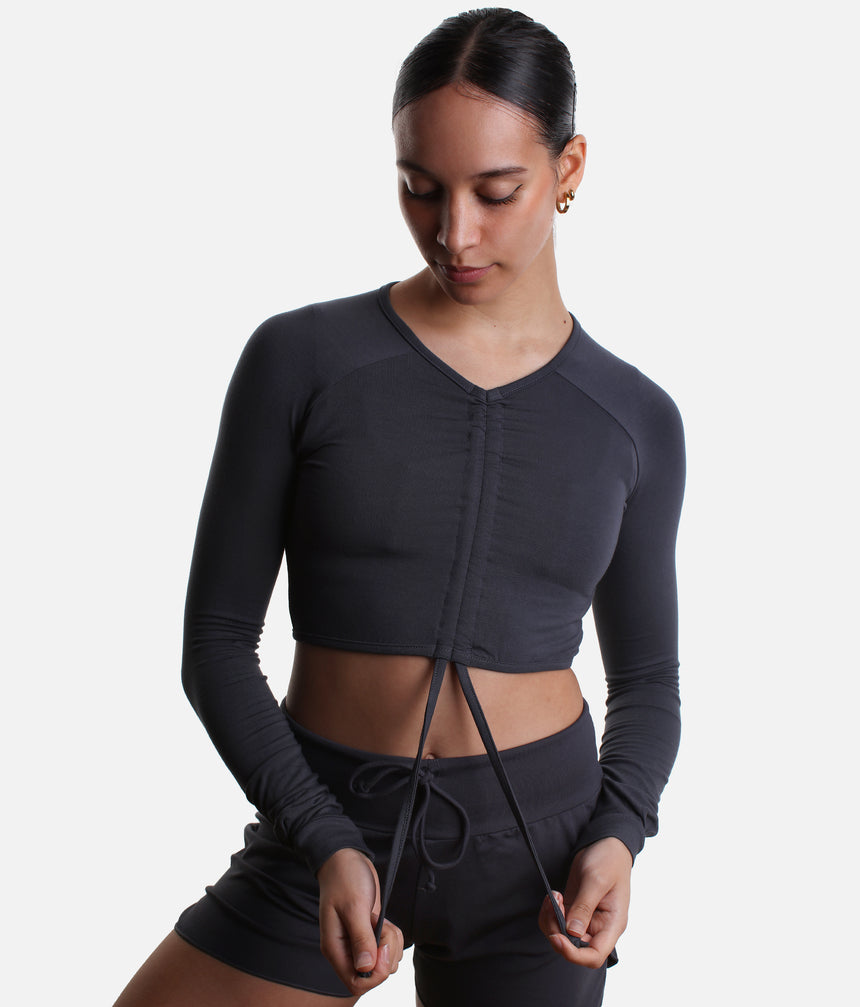 ICHIKA Bamboo Ballet Top – Adjustable Ruched Long Sleeve Warm-Up