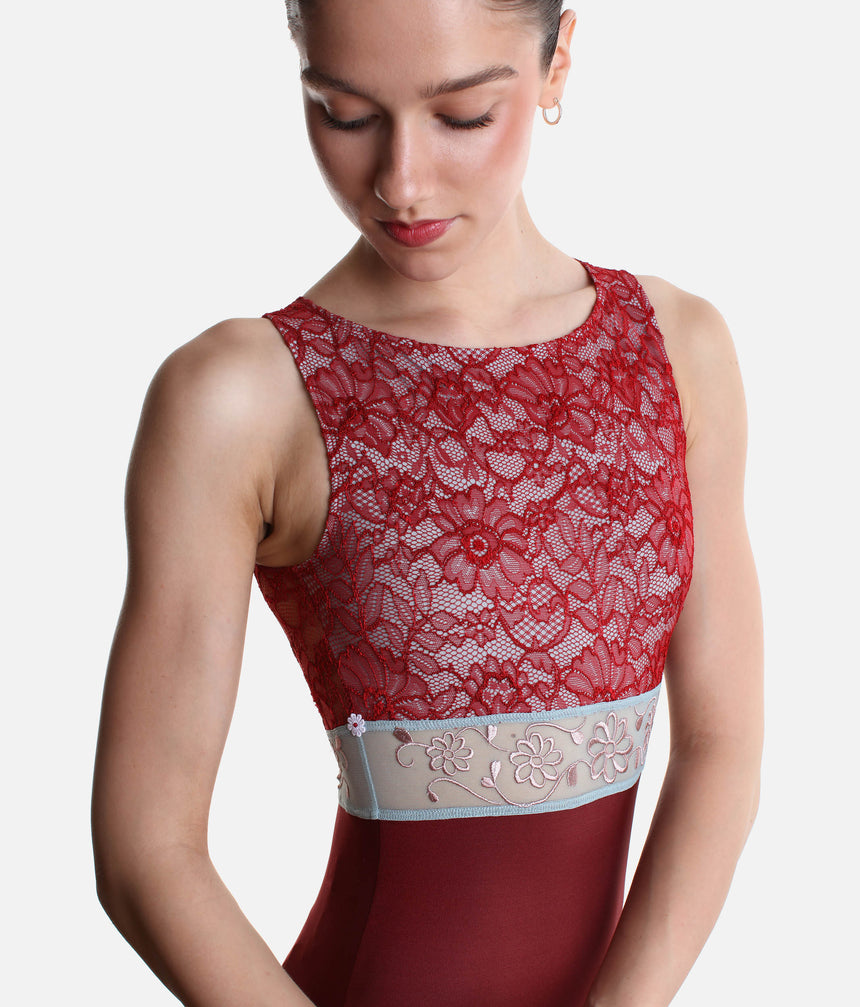 IRIS GL Bordeaux • Lace Overlay Ballet Leotard with Teardrop Back