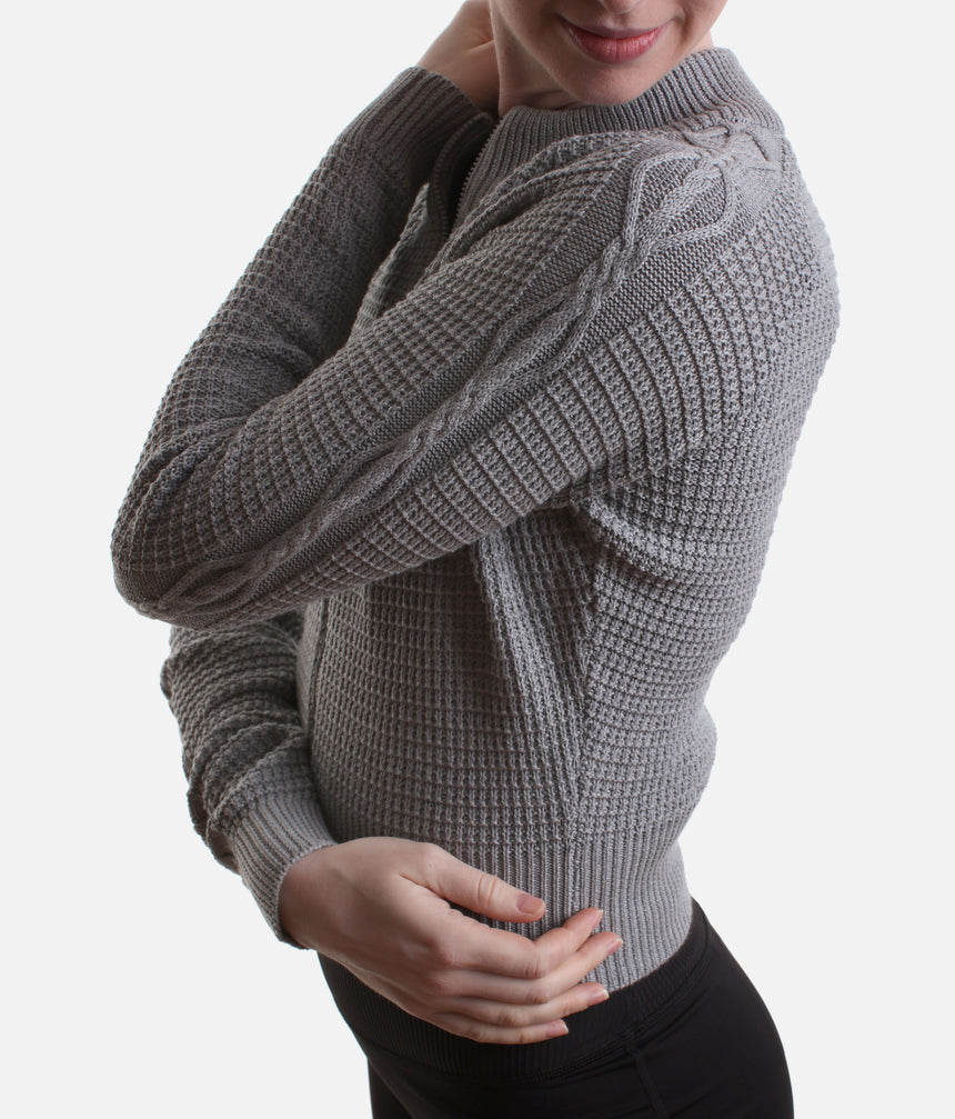 Emilia Ladies’ Cable Knit Zip Warm-Up Jacket – Grey Marle - J13004