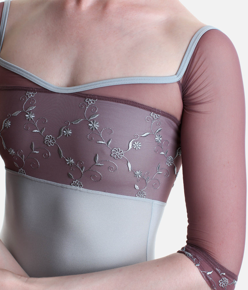 MANIA CL Silver • Embroidered Ballet Leotard with Sheer Long Sleeves