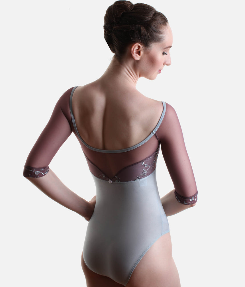 MANIA CL Silver • Embroidered Ballet Leotard with Sheer Long Sleeves