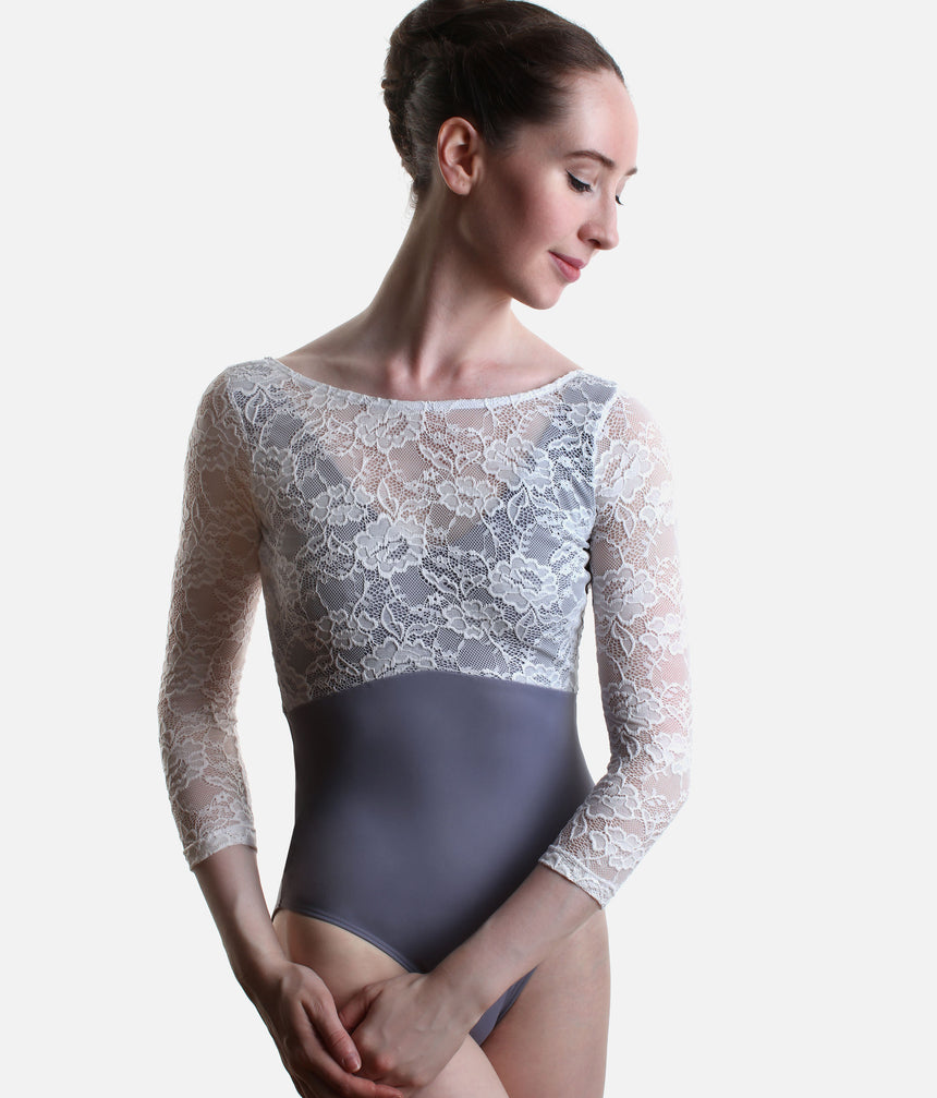 PENELOPE BLUE Lace Ballet Leotard, 3/4 Sleeve Open Back Dancewear