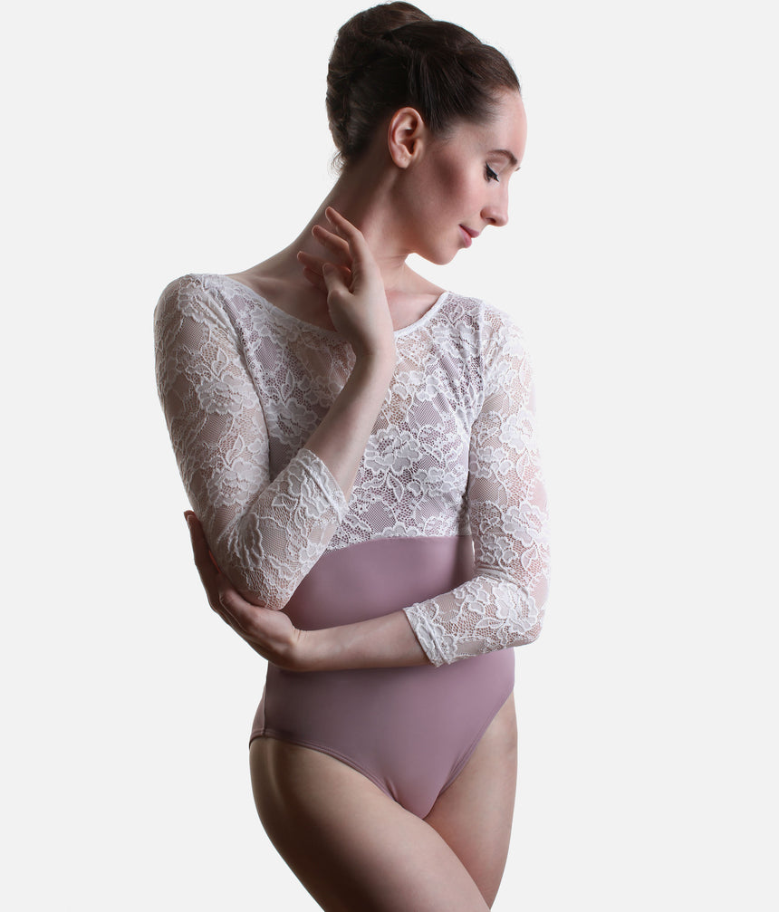 PENELOPE LILAC Ballet Leotard, Floral Lace & Elegant Open Back
