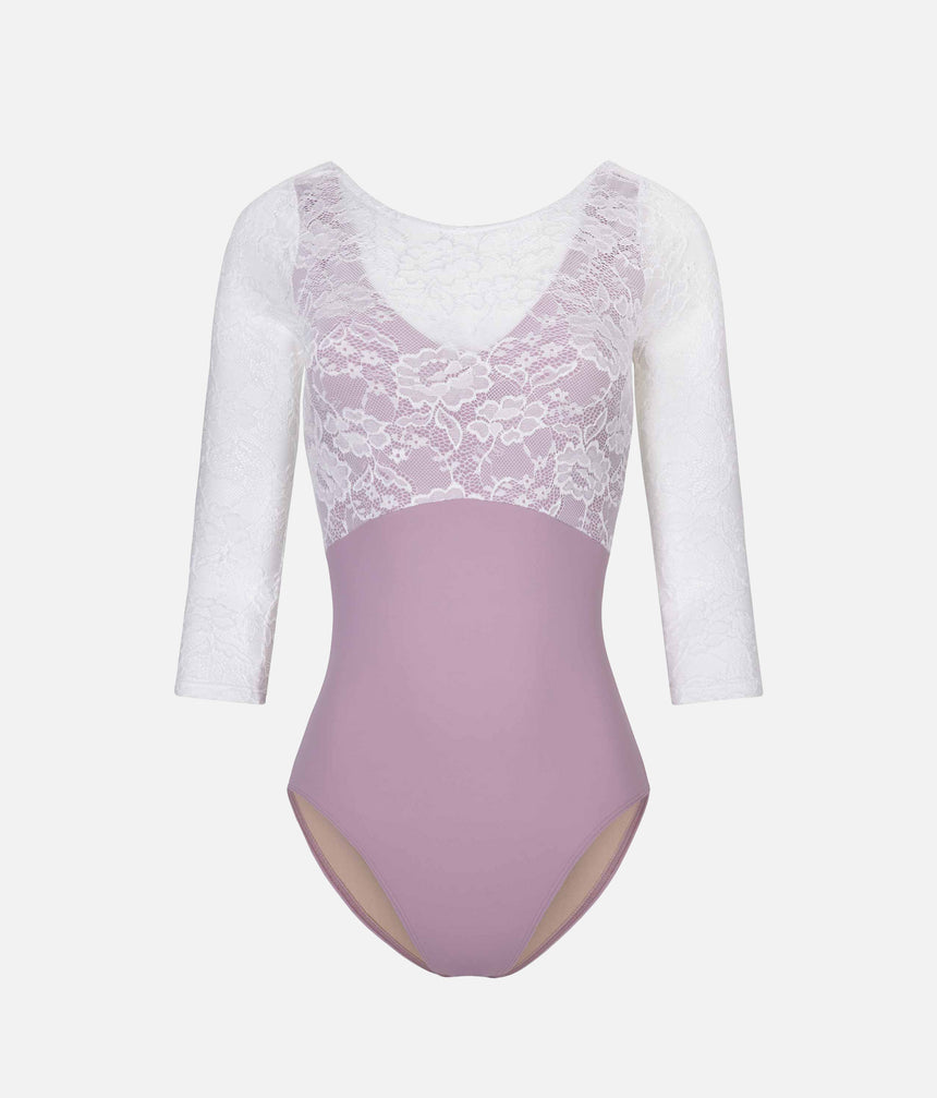 PENELOPE LILAC Ballet Leotard, Floral Lace & Elegant Open Back