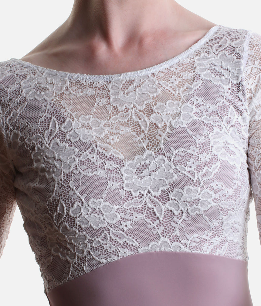 PENELOPE LILAC Ballet Leotard, Floral Lace & Elegant Open Back