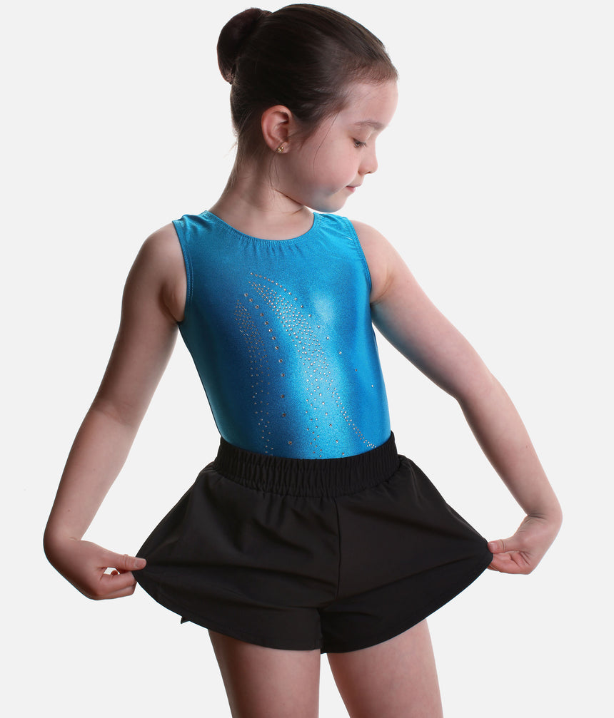 Front view of Roch Valley double layered black shorts, with the outer fabric held out to show the relaxed shape and curved hems.