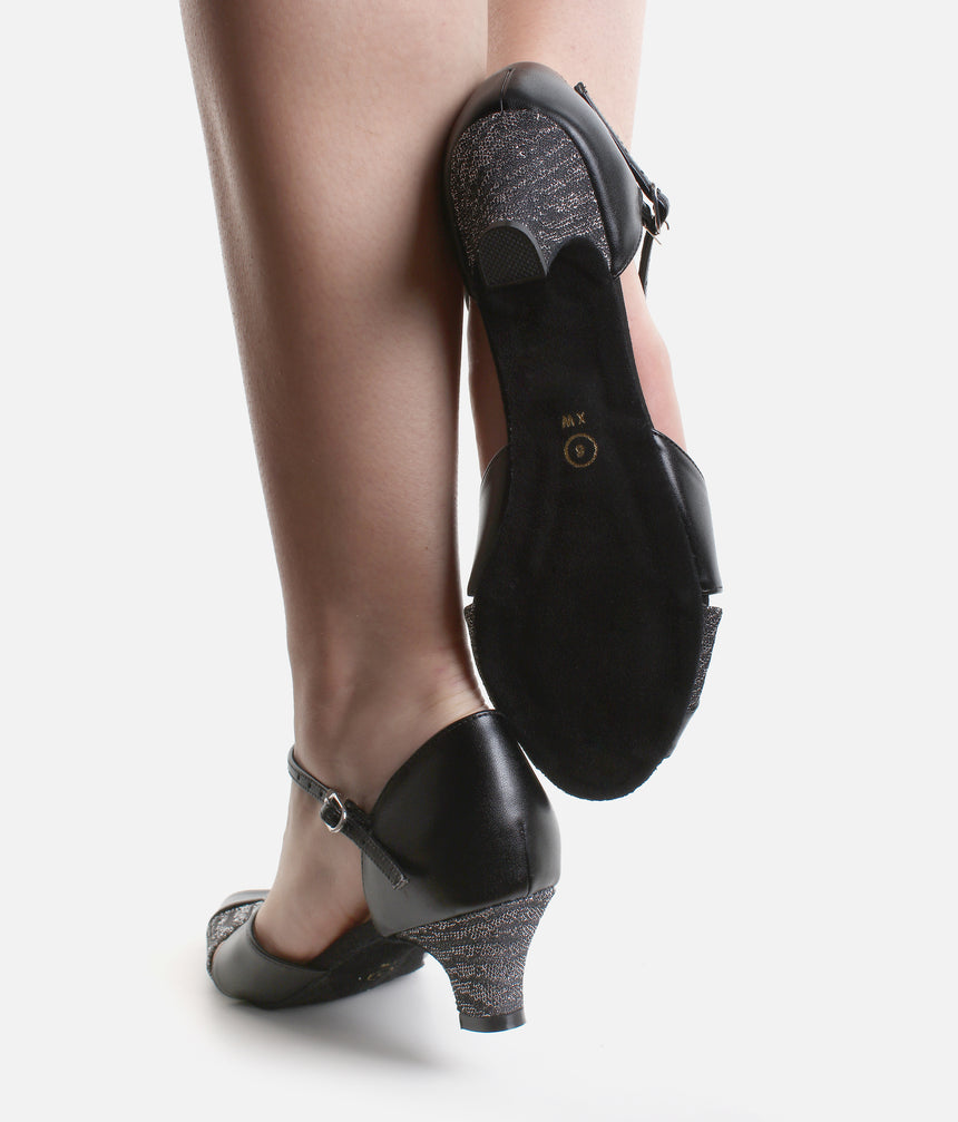 BlackSilver Glitter Ballroom Shoes, Supportive T-Bar with Comfort Fit - S4011