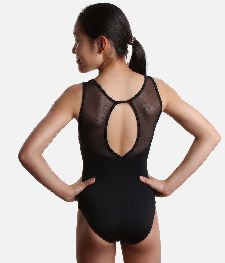 Girls Tank Straps Dance Leotard with Elegant Mesh, Keyhole Back - SL128