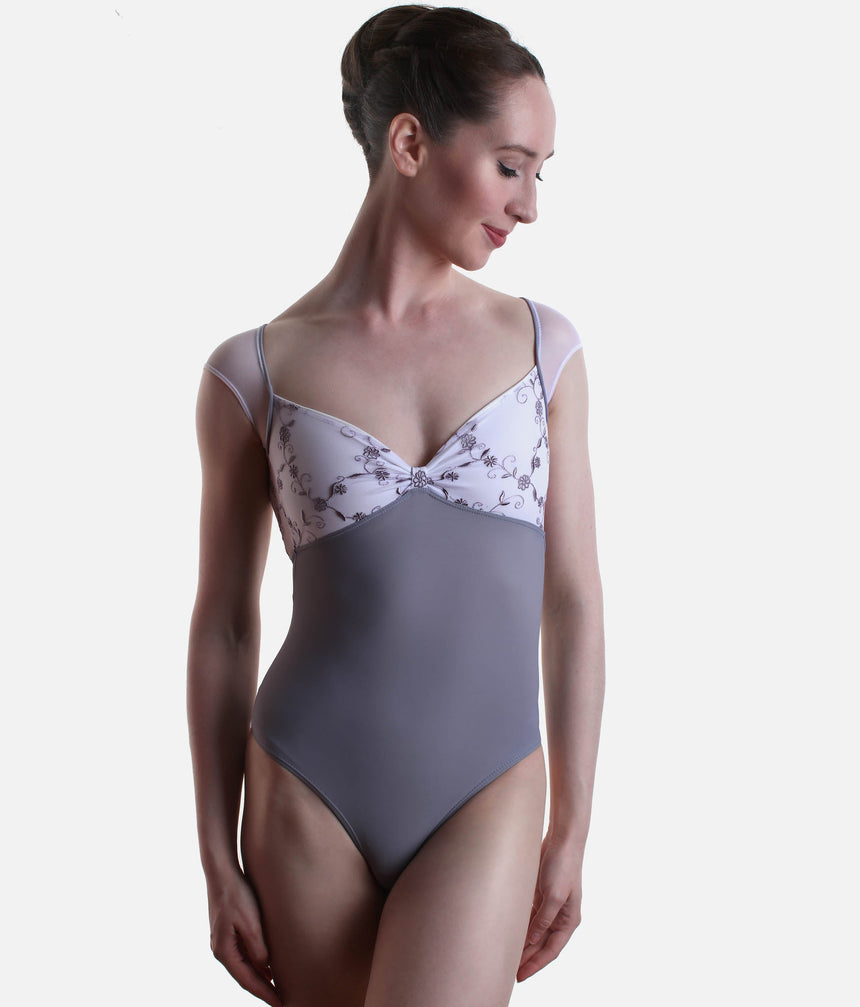 Cap Sleeve Leotard, Premium V-Neck with Floral Embroidered Mesh - VENERE CL