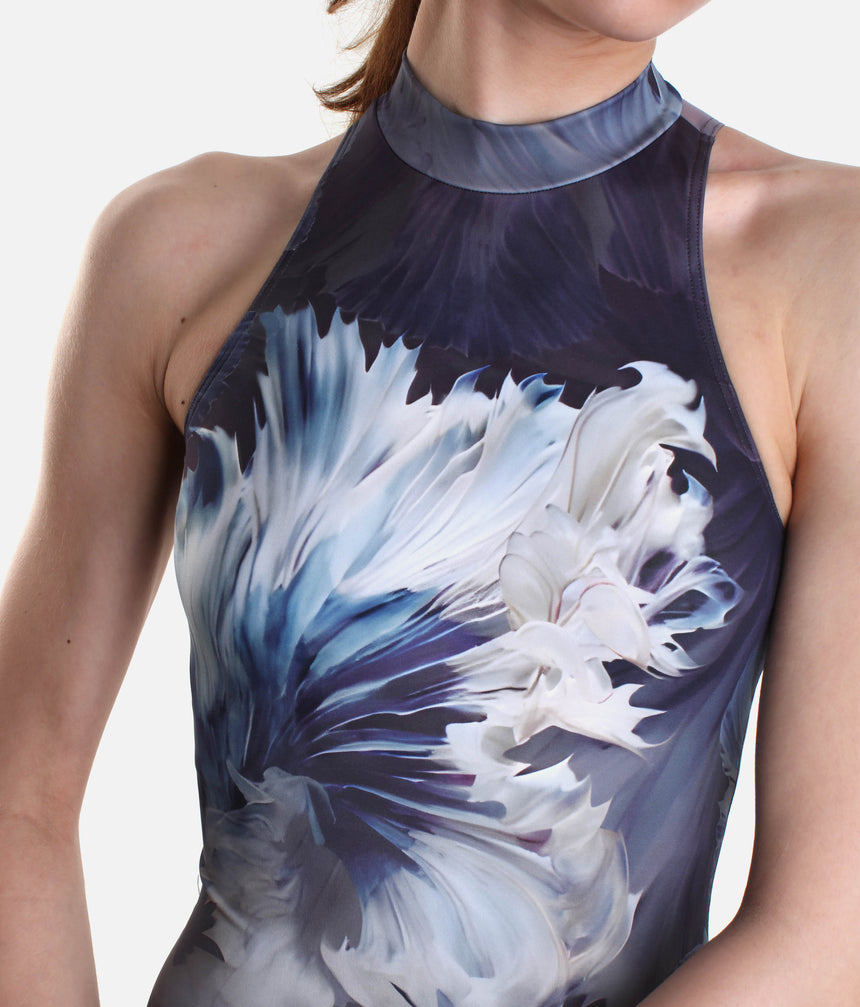 VOLINA High Neck Leotard, Elegant Floral Print with Mesh Back - DA5127