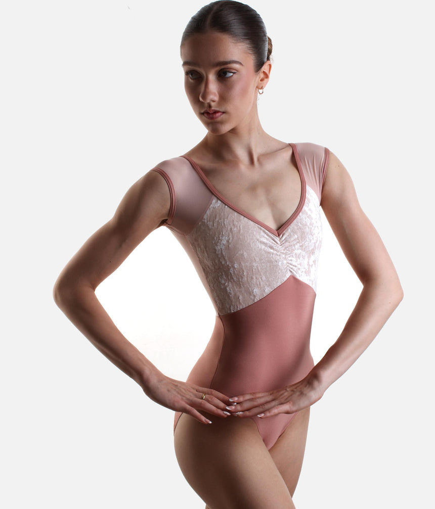 ELLI Ballet Leotard for Women, Pinch Front & Deep V Back - MESH ROSEWOOD