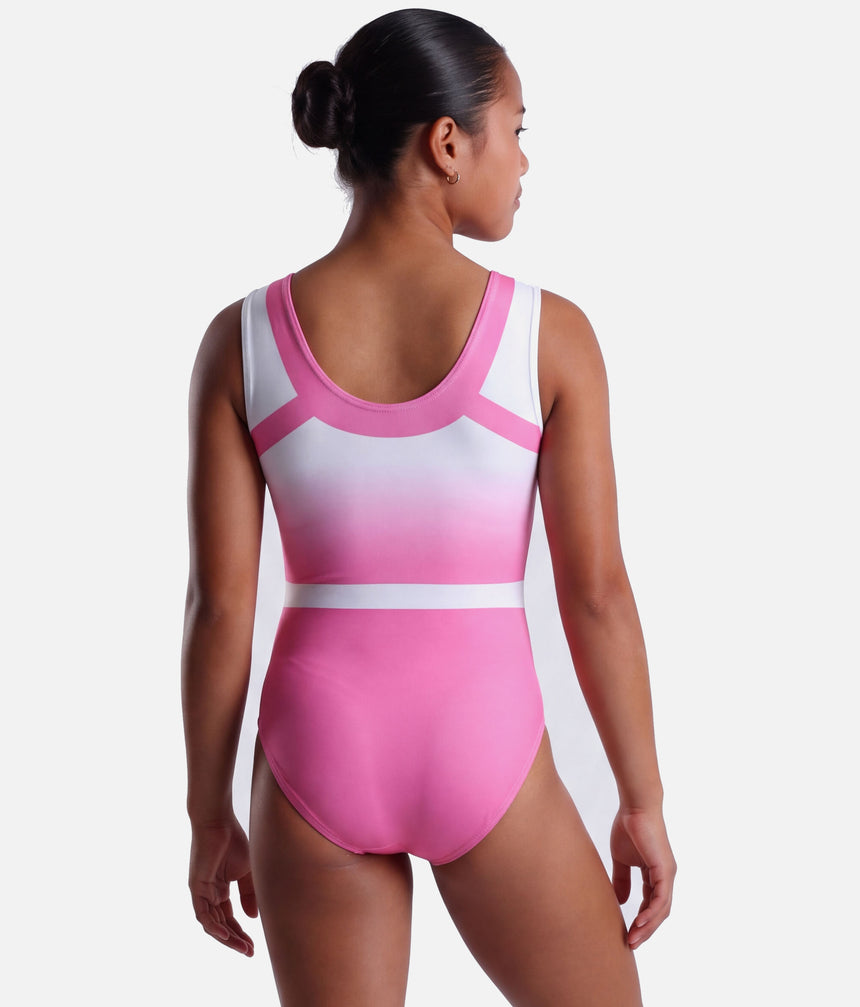 Back of The Zone Melody Z818MEL pink gymnastics leotard showing a pink-edged scoop neckline, white shoulders, an ombré fade and a white waist stripe.
