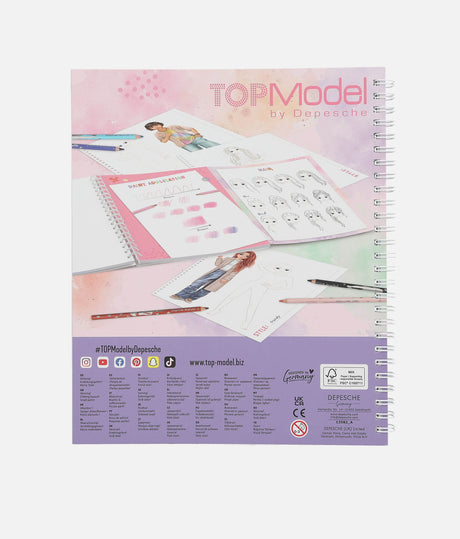 Top Model by Depesche design book with illustrations and tools on a pink background