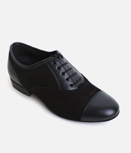 Premium Men’s Dance Shoes 077 - Black Leather & Suede with Pinstripe Design