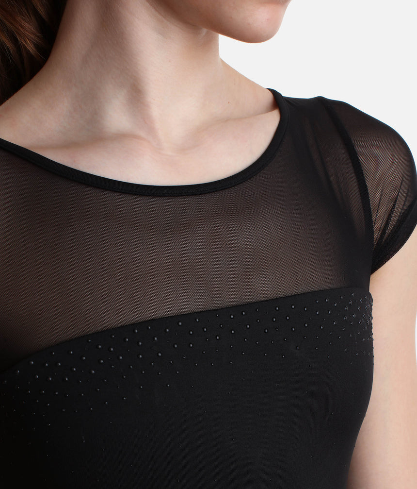 Short Sleeve Leotard, Modern Mesh Detail with Triple Cross Back - M20009LM