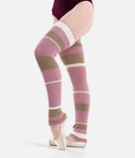 Intermezzo Ellen 2038 Pink legwarmers with taupe and cream stripes, showing a long footless shape.