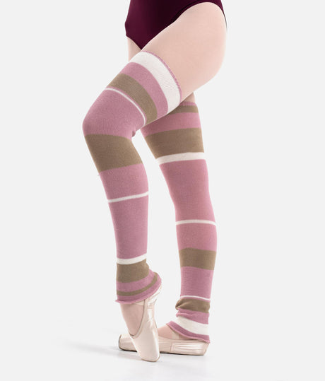 Intermezzo Ellen 2038 Pink legwarmers with taupe and cream stripes, showing a long footless shape.