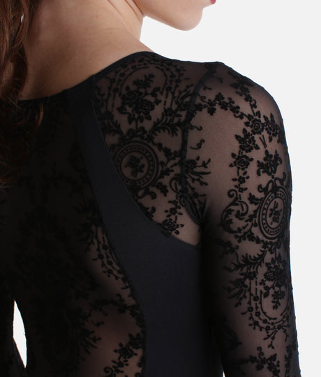Flocked Mesh Ballet Leotard, 3/4 Sleeve with Ruched Neckline - 31588