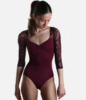 Flocked Mesh Ballet Leotard, 3/4 Sleeve with Ruched Neckline - 31588