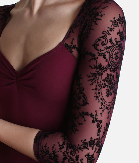 Flocked Mesh Ballet Leotard, 3/4 Sleeve with Ruched Neckline - 31588