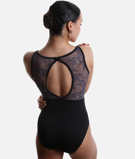 HEAVEN Sleeveless Leotard with Contrast Floral Lace, Elegant Open Back - 31728