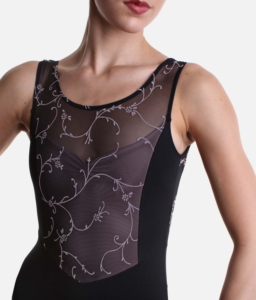 Close-up of the Iggy leotard’s round tulle neckline, gathered front and soft pink floral flocking.