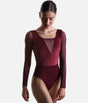 Intermezzo Iseult 31747 long sleeve ballet leotard in burgundy, with a velvet bodice and matching tulle neckline detail.