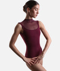 Intermezzo Ingrid ballet leotard in burgundy, with tonal tulle across the upper chest and a smooth fitted front.