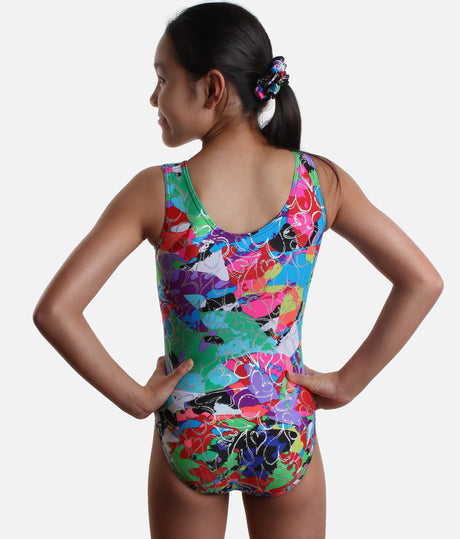 Back of Mondor VIVID 7822 gymnastics leotard showing a scoop neckline, colourful Vivid Heart print and matching scrunchie.