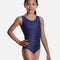 Mondor SKY 7822 girls’ navy tank gymnastics leotard with fine shimmering geometric lines, broad shoulder straps and a round neckline.