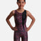 Mondor Cheetah 7826 girls’ gymnastics biketard with shimmering pink, black and green animal print, a tapered black panel and built-in shorts.