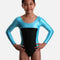 Mondor 7834 girls’ long sleeve gymnastics leotard with shiny aqua sleeves, matching side panels, a black centre panel and round neckline.
