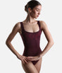 Front view of the wine-toned Mirella Adagio M50010LM tank leotard with a square neckline and matching floral embroidery.