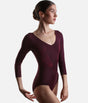 Mirella Adagio M60003LM ballet leotard in Merlot, showing three-quarter sleeves, a V neckline and floral embroidery framing the bodice.