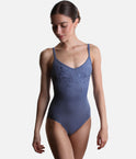 Front view of the Mirella Adagio M70008LM leotard in Dusty Grey, with slim camisole straps and floral embroidery beneath the scoop neck.