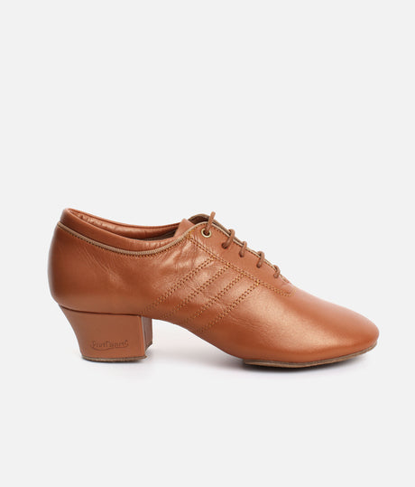Front three-quarter view of the PortDance PD008 Premium dark tan leather dance shoe with lace-up fastening and a Cuban heel.