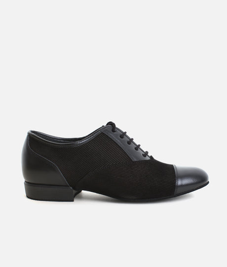 Premium Men’s Dance Shoes 077 - Black Leather & Suede with Pinstripe Design