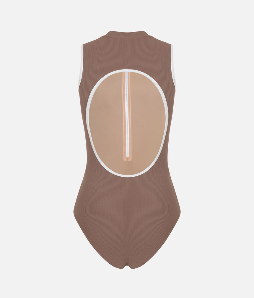 High Neck Ballet Leotard with Open Back, Luxury Balletwear - AURA MOCHA