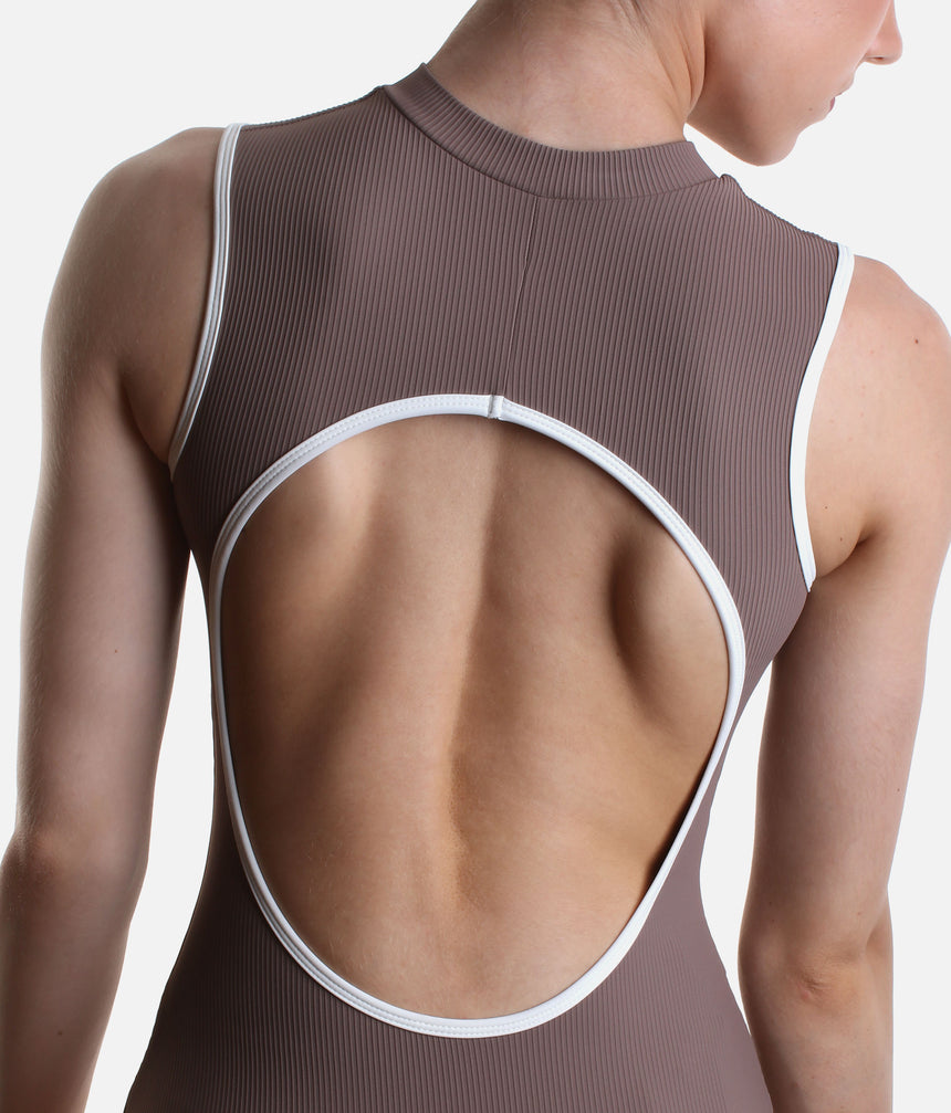High Neck Ballet Leotard with Open Back, Luxury Balletwear - AURA MOCHA