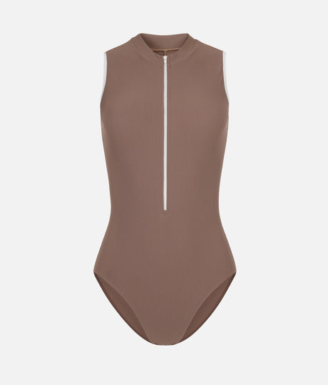 High Neck Ballet Leotard with Open Back, Luxury Balletwear - AURA MOCHA